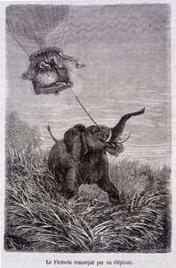 Le Victoria remorqué par un éléphant - dans « Cinq semaines en ballon », roman de Jules Verne