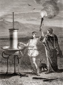 Le système de sémaphore hydraulique grec antique utilisé par Énée pour envoyer un message, 4ème siècle avant JC, des Merveilles de la Science, publié vers 1870 (gravure)