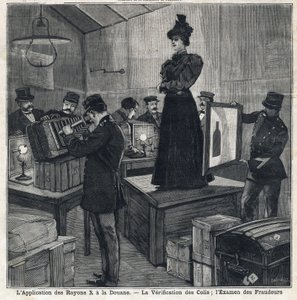 Application des rayons X : vérification des colis et examen des fraudeurs. Dans "Le Petit Parisien" le 11/07/1897. Collection privée - French School