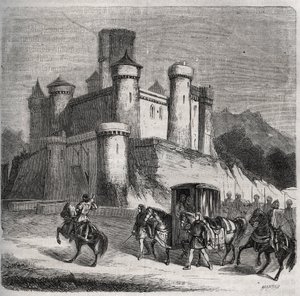 Le cortège de Rigonde (Rigonthe) (vers 569-après 589) quitte Paris pour rejoindre son fiancé, le prince Recarede. Gravure de 1871 dans « Histoire Des Cocus Célèbres » par Henry de Kock (1819-1892). - French School