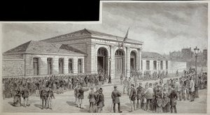 La foule devant la morgue à Paris en 1886 - French School