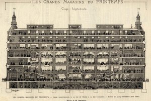 Les grands magasins du Printemps en 1889, coupe longitudinale, de la rue du Havre à la rue Caumartin, dessin de Berteault, collection Bianchetti - French School