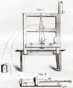 Le premier télégraphe électrique inventé par Samuel Morse en 1837, de Les Merveilles de la Science, publié vers 1870 (gravure) - French School