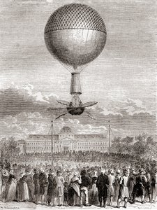 Le premier vol en ballon réussi de Jean-Pierre François Blanchard le 2 mars 1784, dans un ballon à gaz hydrogène lancé depuis le Champ de Mars, Paris, France, extrait de Les Merveilles de la Science, publié vers 1870 (gravure) - French School