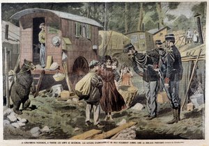 La gendarmerie cherche, à travers les camps de gitans, les auteurs des récentes attaques et vols commis dans la banlieue parisienne - dans « Pèlerin » du 21/04/1907