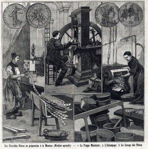 Les nouvelles pièces françaises en préparation montrent les pièces et les étapes de fabrication (frappe monétaire, estampage et lavage des pièces). Dans « Le Petit Parisien »