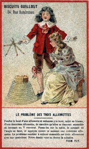 Le problème des trois allumettes : carte pour enfants offrant un jeu sous forme de puzzle (devinette). Chromolithographie du XIXe siècle