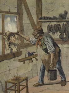 Le cordonnier marque les heures sur la figure du petit Jeannot (lithographie couleur)