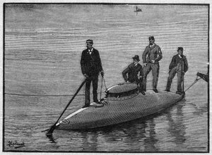Le sous-marin fancé le vide "Goubet", flottant et transportant quatre hommes. Gravure dans "La gazette du dimanche" du 28 novembre 1895