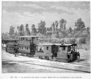 Le tramway de Rueil à Marly, conduit par la locomotive à eau chaude - dans "Les nouvelles conquêtes de la science" par Louis Figuier - French School