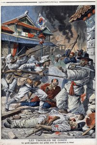 Les troubles en Corée, la garde japonaise aux prises avec les émeutiers à Séoul, mécontents de l