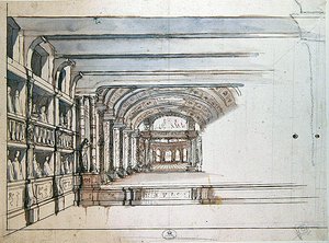 Scène de théâtre et auditorium avec loges, fin du XVIIe siècle
