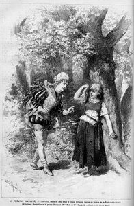 Représentation théâtrale : Cendrillon et le Prince Charmant interprétés par Mme Théo et Mlle Vanghel pour la pièce "Cendrillon" de Clairville (Louis François Nicolaie)