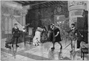 Représentation théâtrale : "Hernani" de Victor Hugo (1802-1885), acte I scène 3. Paris, Comédie Française