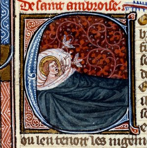 Trois abeilles sortent de la bouche de Saint Ambroise. Miniature dans « Le Livre des Saints »