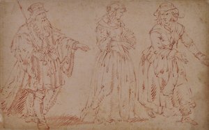 Trois personnages théâtraux : le roi Lear, Cordelia et la servante - French School