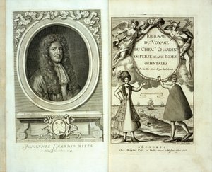 Page de titre et portrait en frontispice du Journal du Voyage de Chevalier Chardin en Perse et aux Indes Orientales par Jean Chevalier Chardin, 1686 - French School
