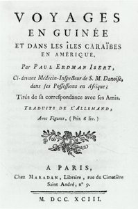 Page de titre de Voyages en Guinée et dans les Îles Caraïbes en Amérique par Paul Erdman Isert, publié en 1743