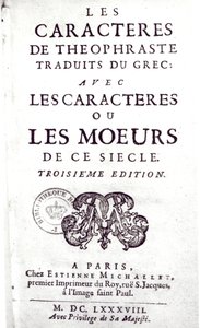 Page de titre de Les Caractères de Théophraste traduits du grec, avec Les Caractères ou les mœurs de ce siècle par La Bruyère (1645-96) 1688