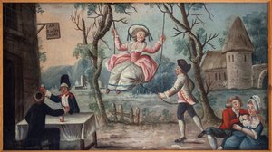 Aux trois ordres réunis. Le Clergé, la Noblesse et le Tiers État réunis dans une taverne. Une jeune femme se balance. Enseigne peinte de marchand de cocardes, viendrait du Palais Royal, peinture anonyme, période révolutionnaire
