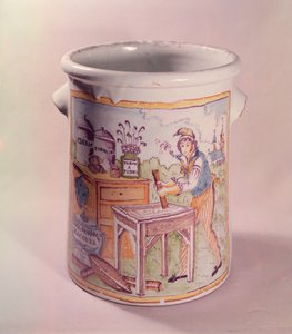 Pot à tabac représentant un buraliste, atelier de Bordeaux (faïence)