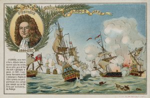 Carte de commerce avec une image de la bataille de Lagos - French School