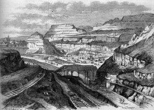 Transformations de Paris sous le Second Empire, Paris haussmannien : transformation en parc des carrières de plâtre des Buttes-Chaumont (Buttes Chaumont). Gravure dans « Le Monde Illustré » n°306 du 21 février 1863 - French School