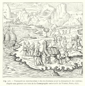 Transport de marchandises à dos de chameau pour le chargement des navires (d
