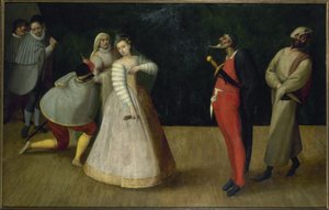 Troupe de comédiens italiens (les Gelosi ?), vers 1580