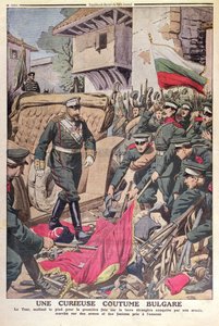 Tsar Ferdinand I (1861-1948) de Bulgarie marchant sur des drapeaux capturés pendant la guerre balkanique de 1912, novembre 1912