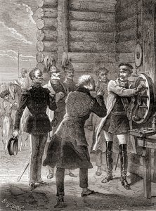 Le tsar Nicolas Ier inaugurant la ligne télégraphique à sémaphore entre Moscou et Varsovie en 1833, utilisant une modification du système de sémaphore de Claude Chappe, des Merveilles de la Science, publié vers 1870 (gravure) - French School