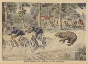 Deux cyclistes poursuivis par un ours échappé - French School