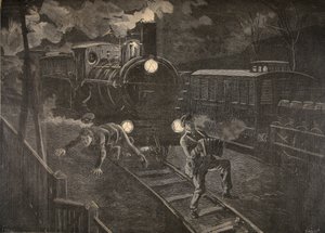 Deux hommes frappés par un train, illustration du Petit Journal : Supplément illustré, 1898 - French School