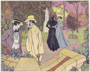 Deux hommes en conversation tandis que deux femmes marchent dans un jardin