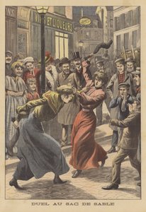 Deux femmes se battant avec des bas remplis de sable (lithographie couleur)