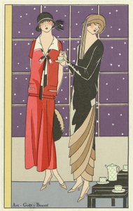 Deux femmes prenant le thé et habillées en créations de Jean Patou et Beer, de Art-Goût-Beauté pub. 1924