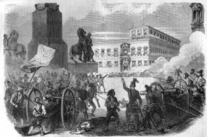 Soulèvement à Bologne : renversement du gouvernement pontifical sous Grégoire XVI Pape de 1831 à 1846. Gravure dans « Histoire des Papes-Rois-Reines et Empereurs à travers les siècles » par Maurice Lachatre - French School