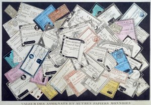 Valeur des assignats et autres monnaies papier pendant la Révolution française. 18ème siècle. Musée Carnavalet, Paris