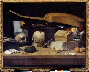 Vanité Nature morte avec jeu de cartes, instrument et crâne - French School
