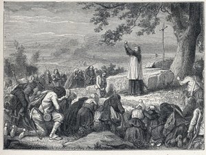 Guerres de Vendée (1793-1796) : Prêtre inséré célébrant une messe sous un chêne pour la population insurgée qui rejette les prêtres assermentés. Gravure de 1889. Collection privée.