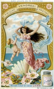 Vénus illustre le vendredi. Carte publicitaire chromolithographique Liebig - French School