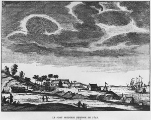 Vue du Fort Frederik Hendrik, Maurice, en 1642, illustration de Le Premier Établissement Néerlandais à Maurice par le prince Roland Bonaparte, 1890