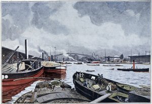 Vue de Paris, la Seine et le bassin de la Villette, aquarelle de Brun. 1889 - French School