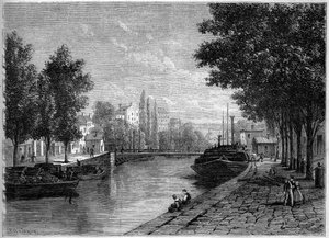 Vue du canal Saint-Martin, à Paris, avant les transformations réalisées par Haussmann au milieu du 19e siècle. Vue prise à la hauteur de la rue Saint-Sébastien. Gravure dans « Le Monde Illustré » n°233 du 28 septembre