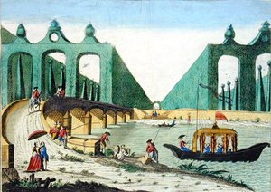 Vue des jardins de Lord Hamilton vers un pont sur la Tamise près de Londres - French School