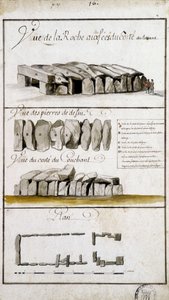 Vue de la Roche aux Fées du côté est, vue des pierres de Defsu - dans « Description historique, topographique et naturelle de la Bretagne » par Robien