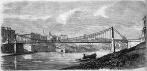 Vue du pont Saint-Jean sur le Tibre (Tevere) en Italie, inauguré en 1863. Ce pont en acier a été conçu par Alphonse Oudry (1819-1869). Gravure dans "Le Monde Illustré" n°349 du 19 décembre 1863 - French School