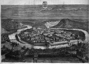 Vue de la ville de Besançon dans le Doubs. Gravure de 1880 dans « La république illustrée » collection privée.