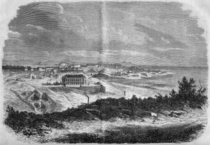 Vue de la ville de Biarritz, Pyrénées-Atlantiques (64) en 1858. Gravure dans « Le Monde Illustré » n°75 du 18 septembre 1858.