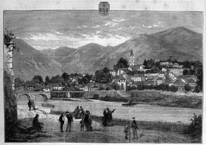 Vue de la ville de Digne dans les Basses-Alpes. Gravure de 1880 dans "La république illustrée". Collection privée